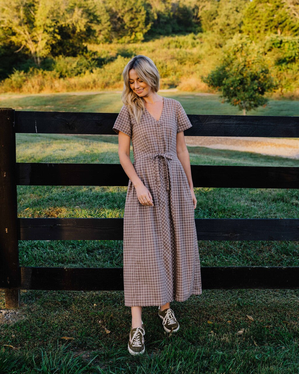 June Dress in Beige Plaid