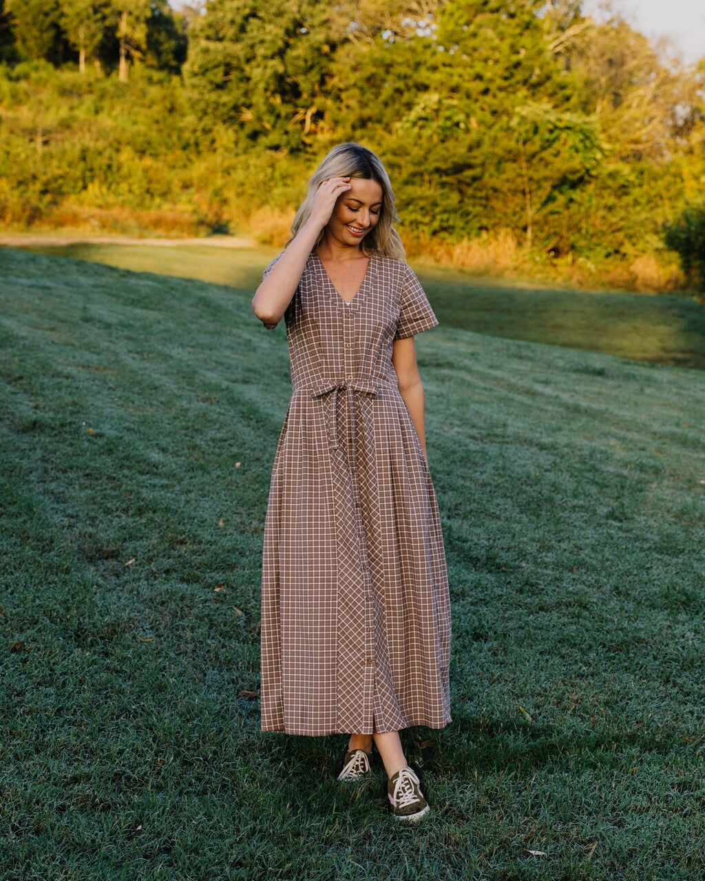 June Dress in Beige Plaid