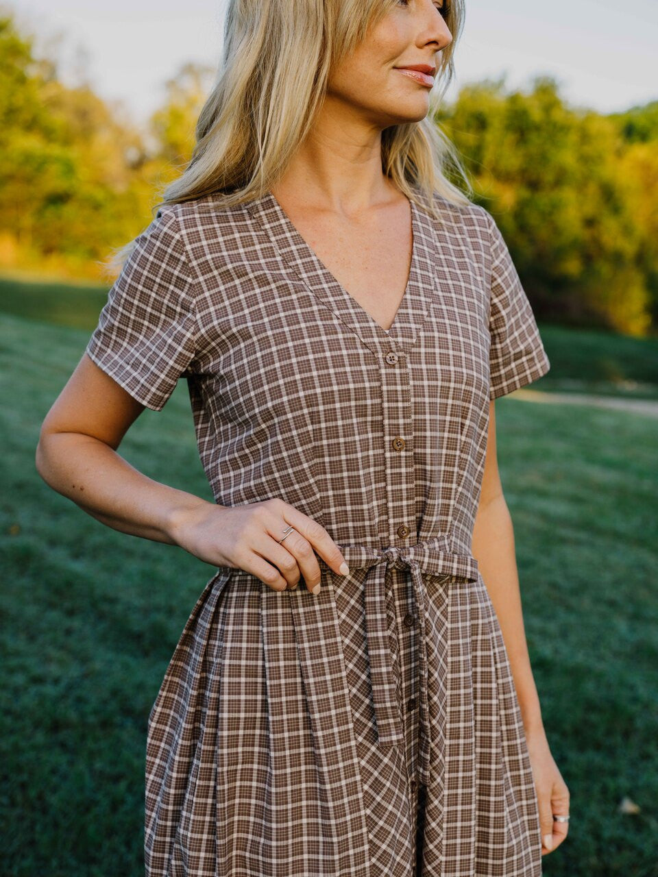 June Dress in Beige Plaid