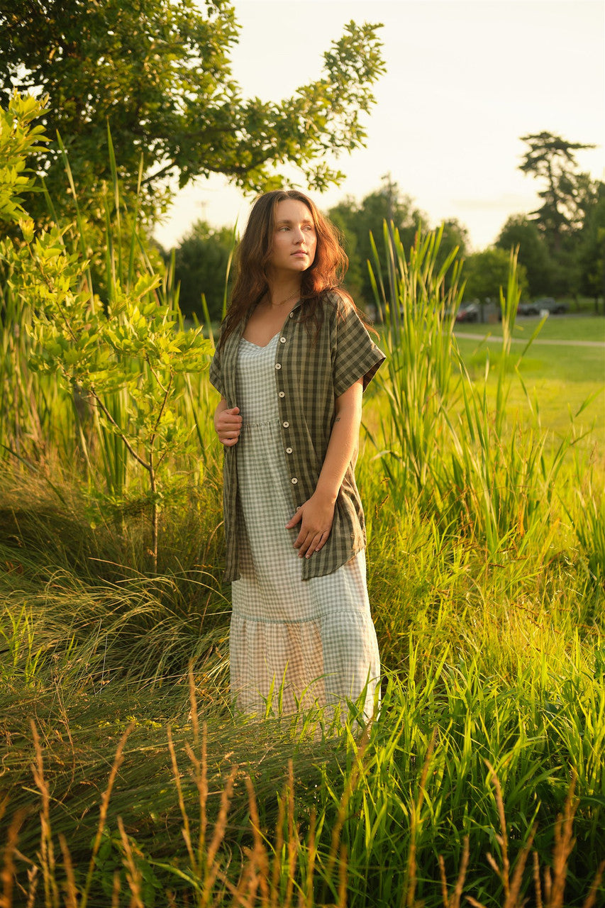 Paige Handwoven Cotton Relaxed Shirt Dress in Green Gingham