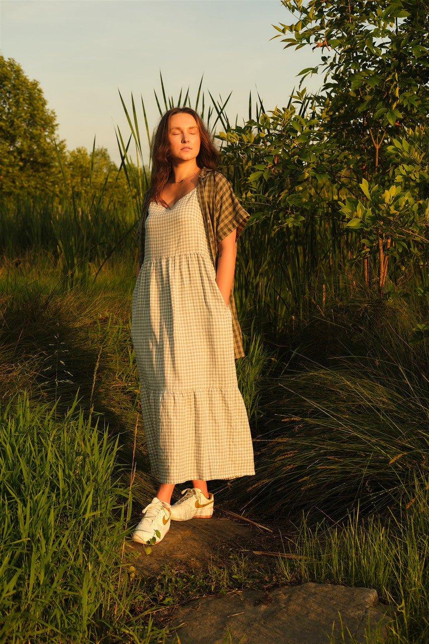 Paige Handwoven Cotton Relaxed Shirt Dress in Green Gingham