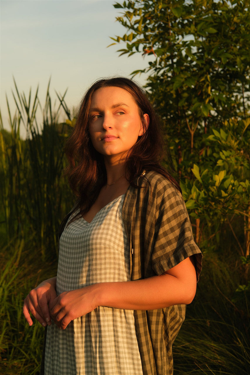 Paige Handwoven Cotton Relaxed Shirt Dress in Green Gingham