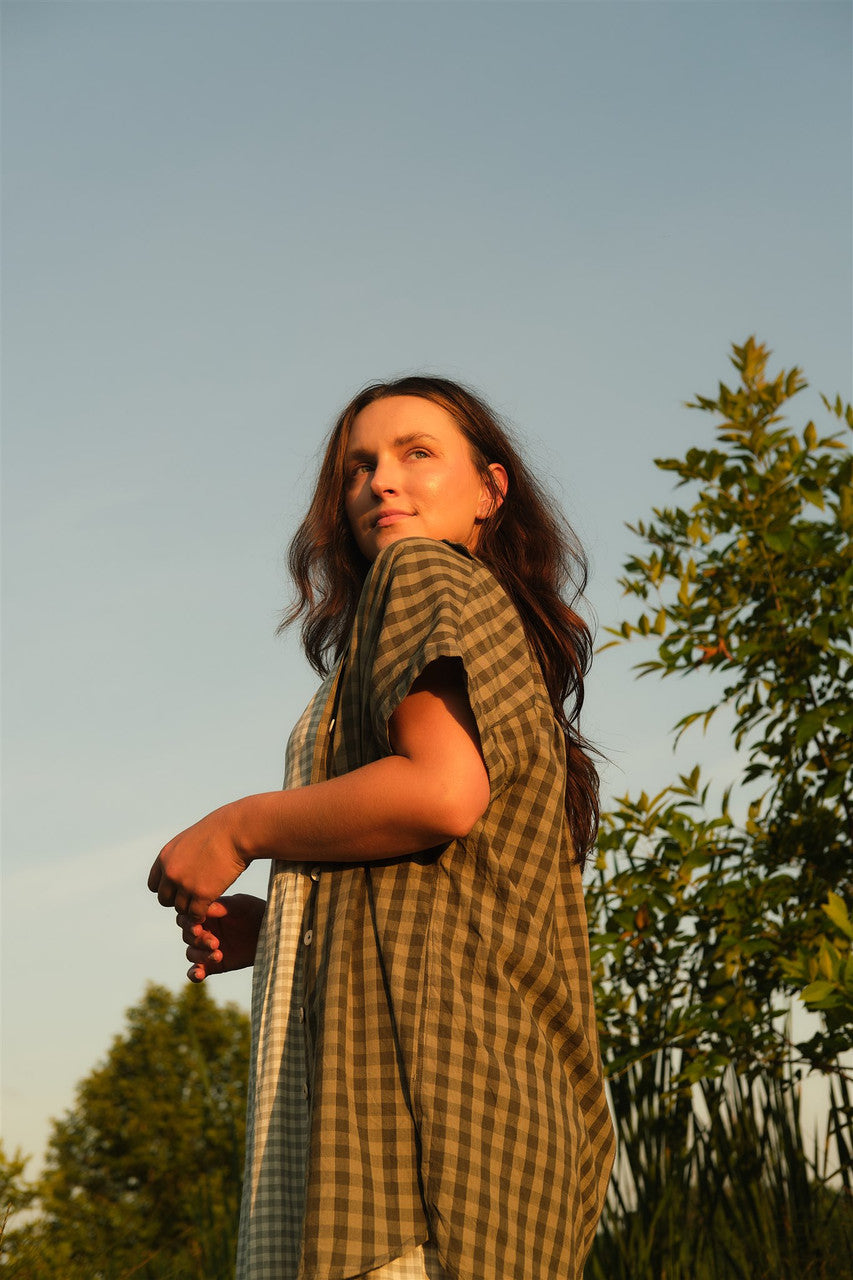 Paige Handwoven Cotton Relaxed Shirt Dress in Green Gingham