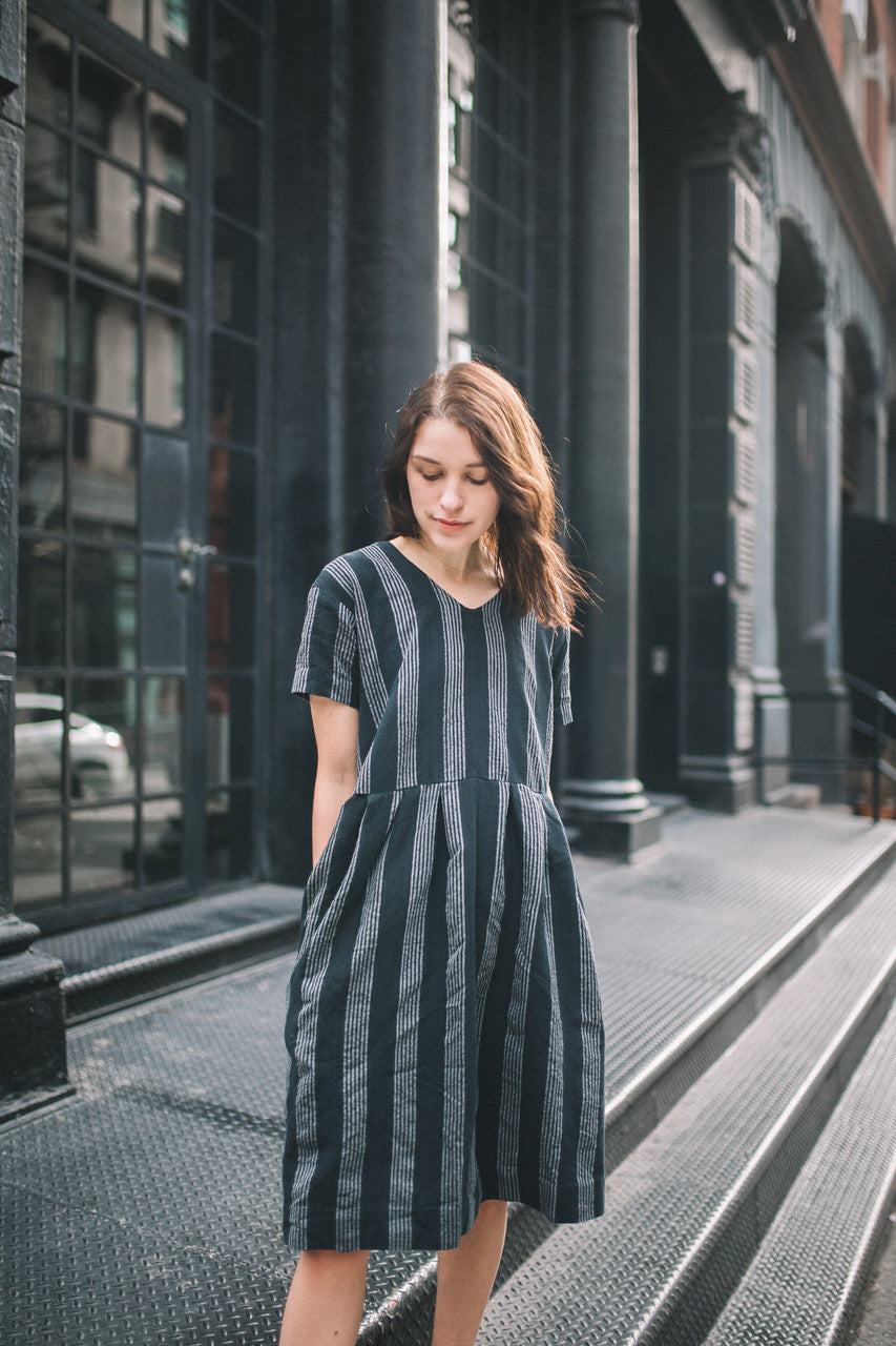 Eloise Handwoven Cotton Dress in Black and White Stripe