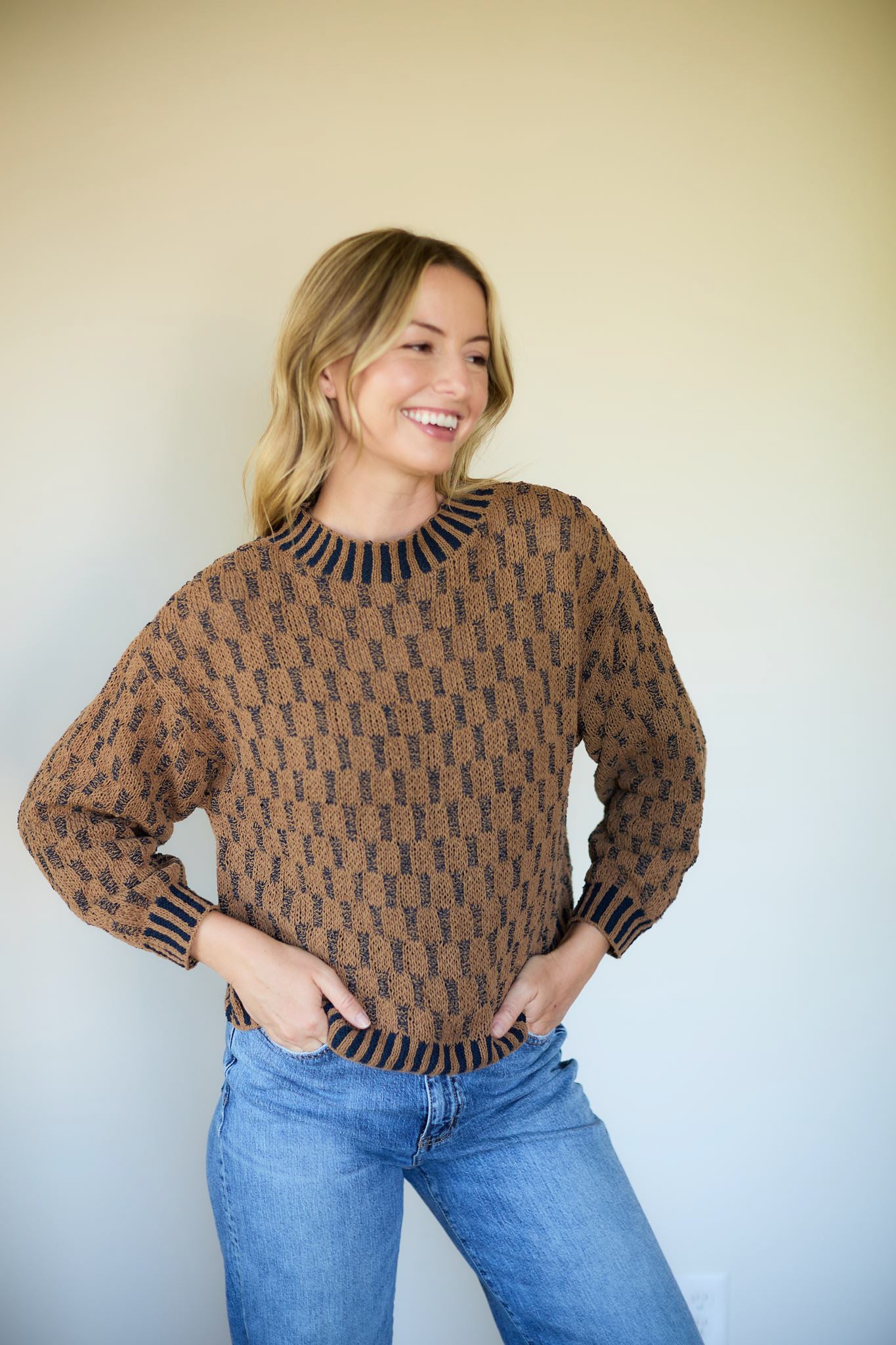 Faye Cotton Pullover in Chestnut and Navy Made to Order