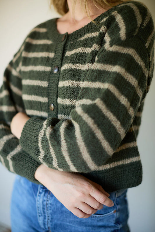 Leota Striped Wool Cardigan in Green and Beige Made to Order
