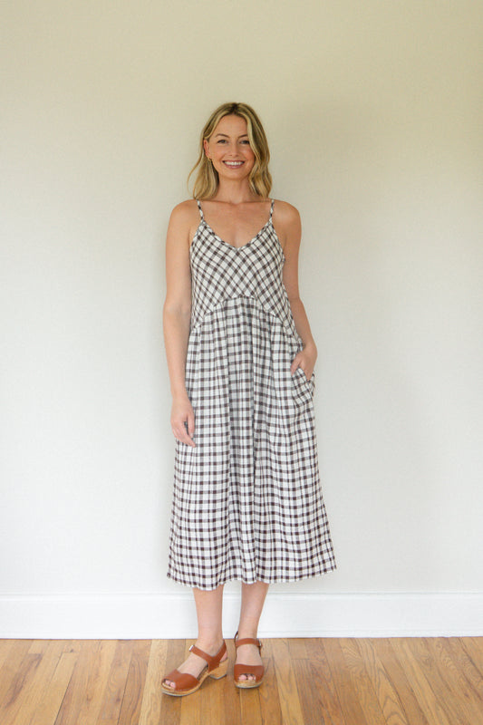 Faro Dress in Brown and Cream Plaid Linen
