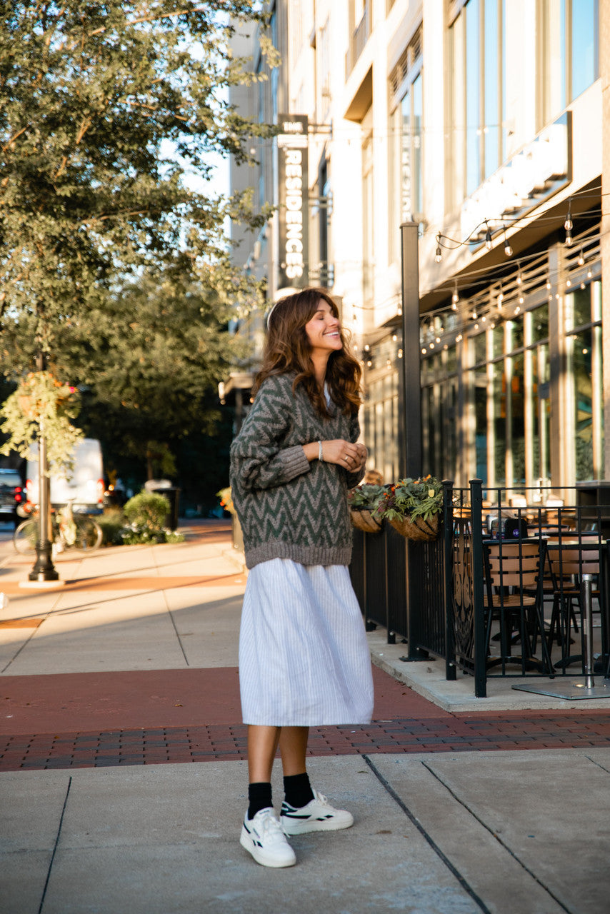 Maeve Textured V Knit Pullover in Green and Beige