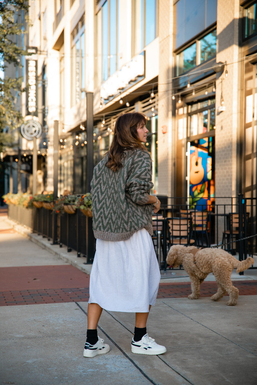 Maeve Textured V Knit Pullover in Green and Beige