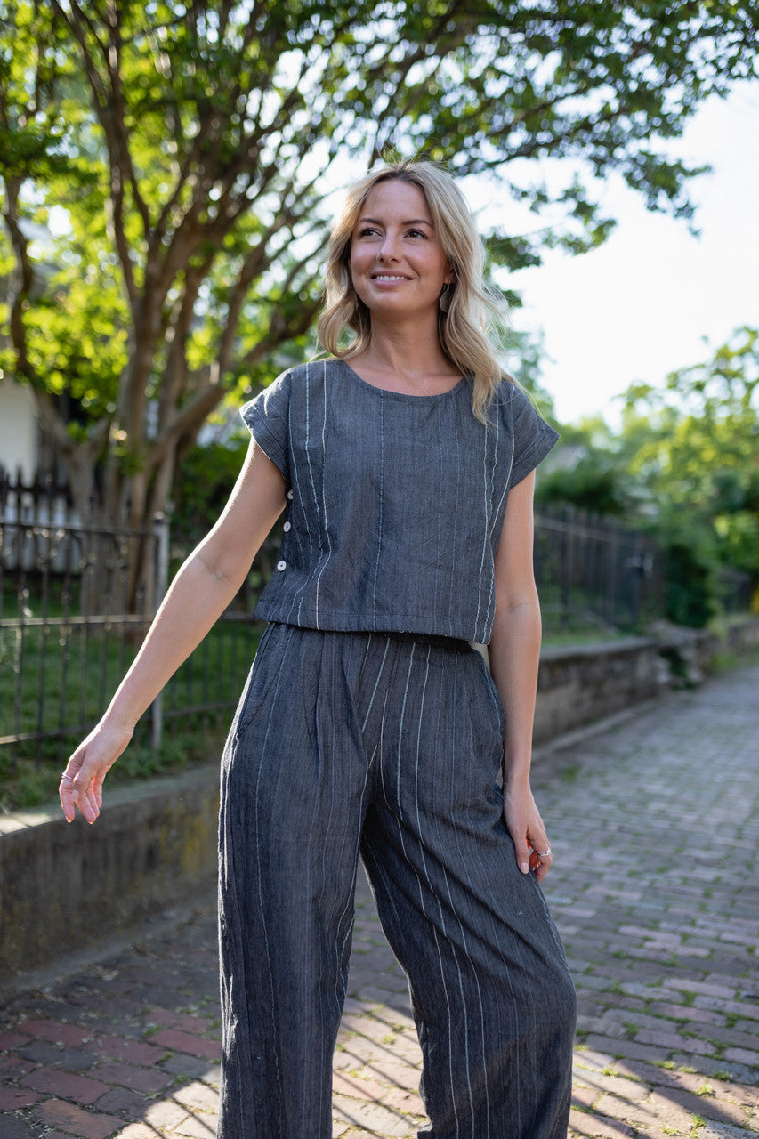 Handwoven Cotton Crop Pants in Midnight Chambray