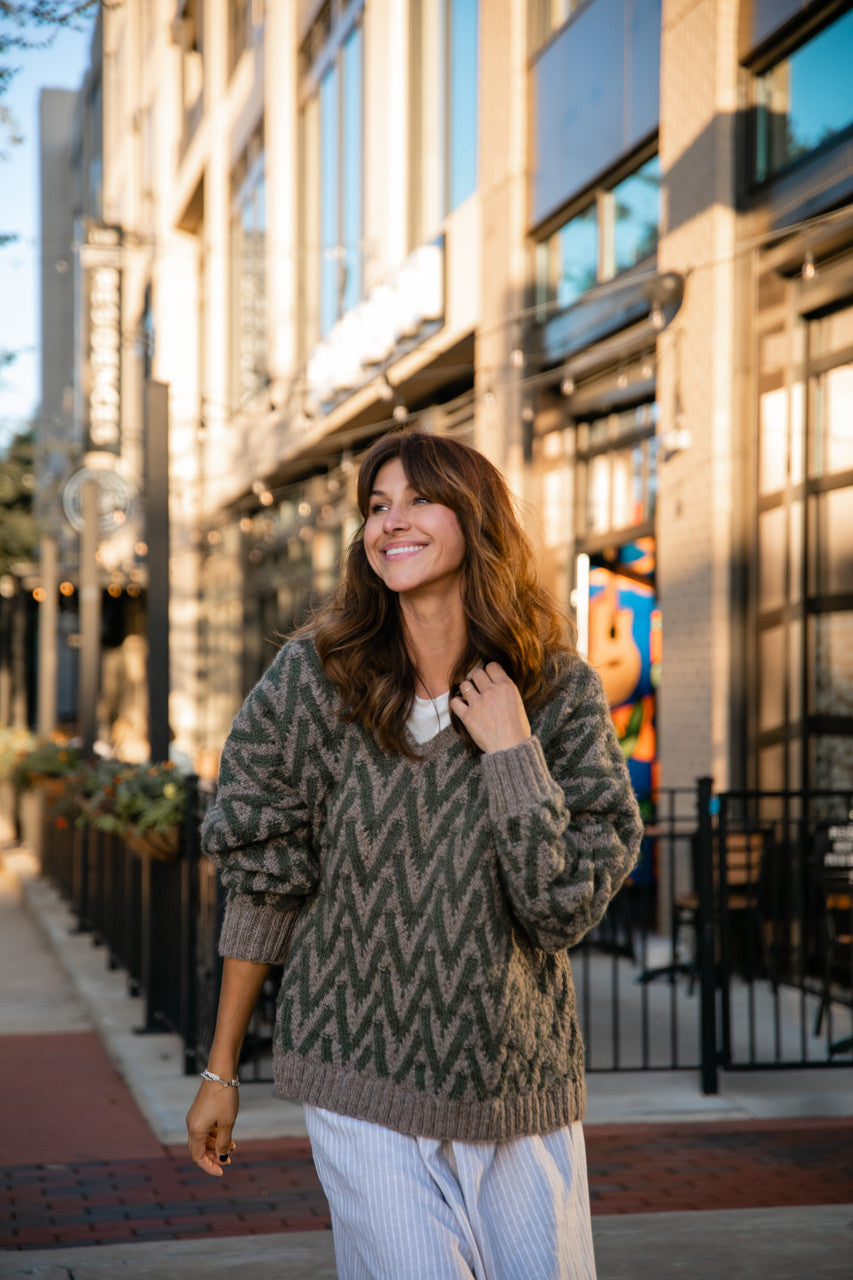 Maeve Textured V Knit Pullover in Green and Beige