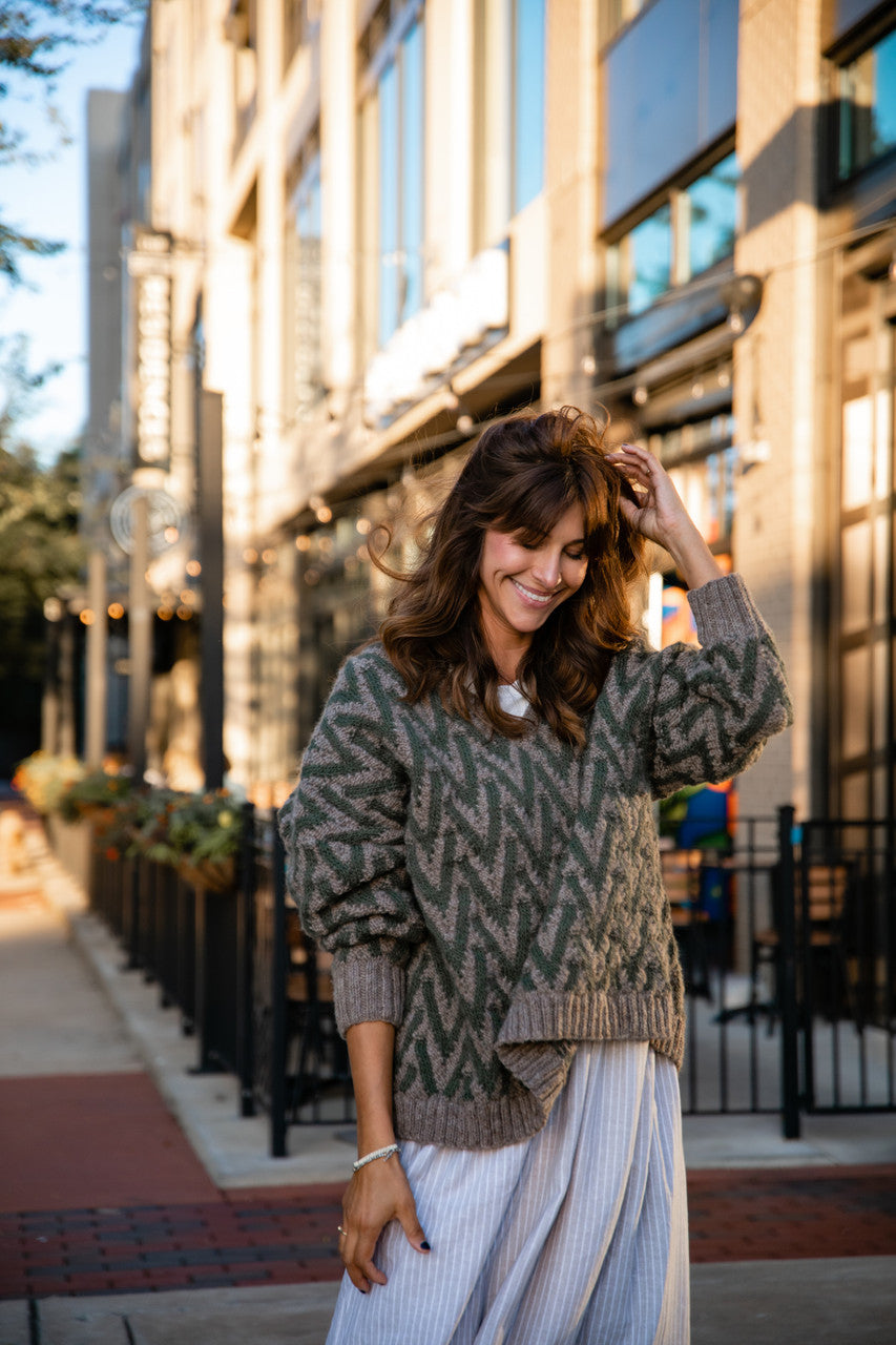 Maeve Textured V Knit Pullover in Green and Beige