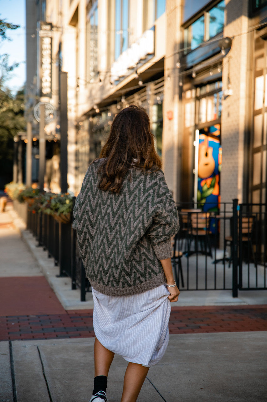 Maeve Textured V Knit Pullover in Green and Beige