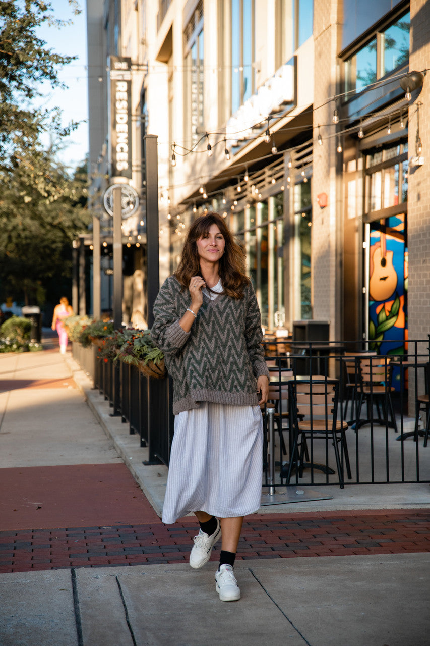 Maeve Textured V Knit Pullover in Green and Beige