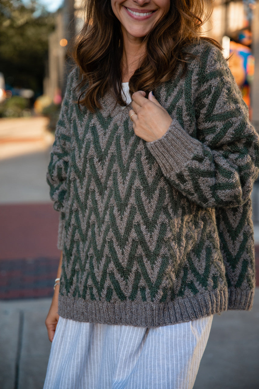 Maeve Textured V Knit Pullover in Green and Beige