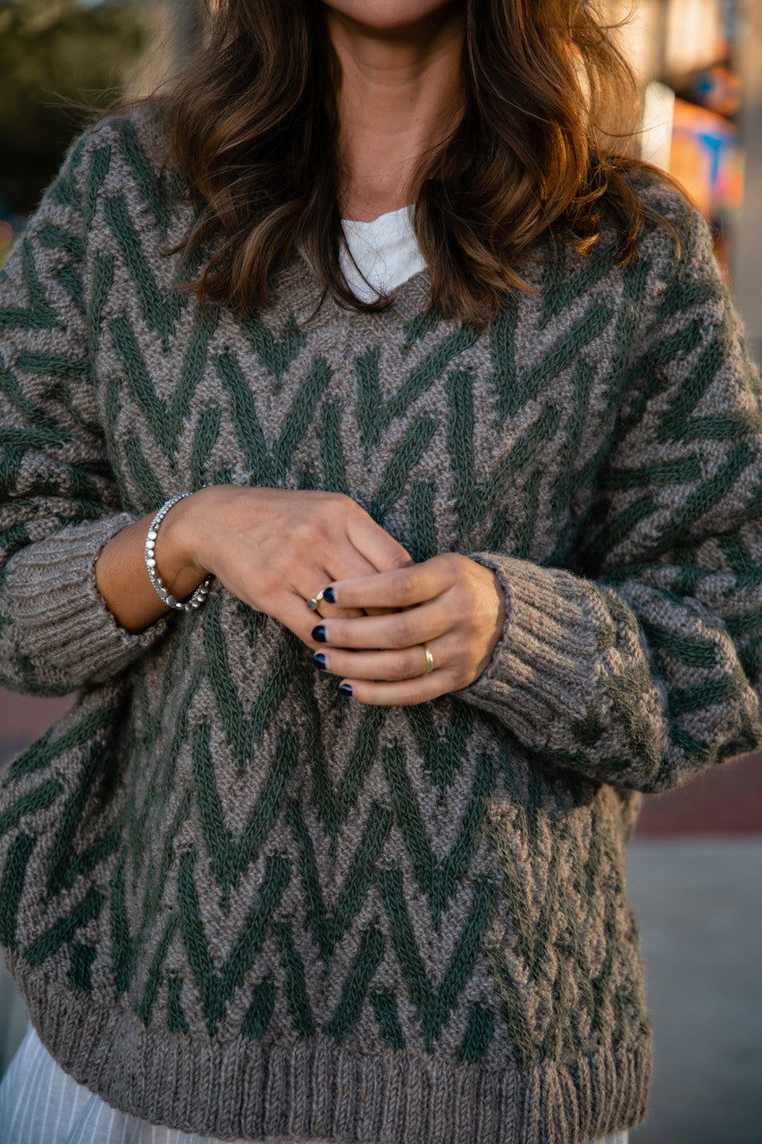 Maeve Textured V Knit Pullover in Green and Beige