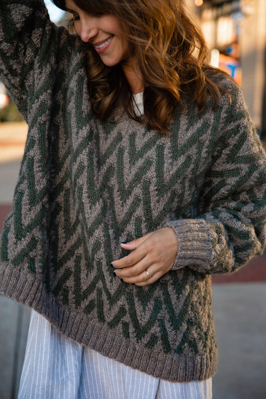 Maeve Textured V Knit Pullover in Green and Beige