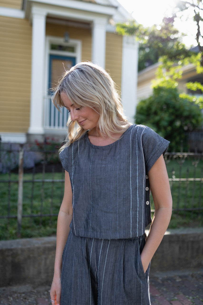 Handwoven Cotton Crop Pants in Midnight Chambray