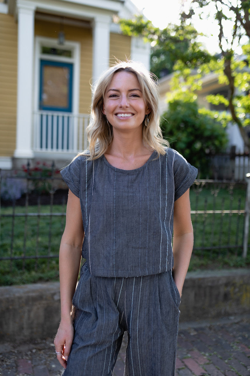 Handwoven Cotton Crop Pants in Midnight Chambray