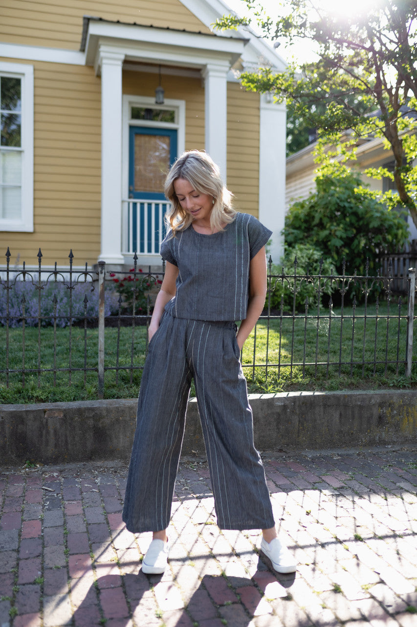 Handwoven Cotton Crop Pants in Midnight Chambray