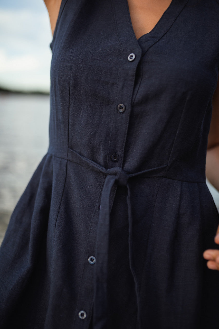 June Dress Sleeveless in Navy Linen - XL