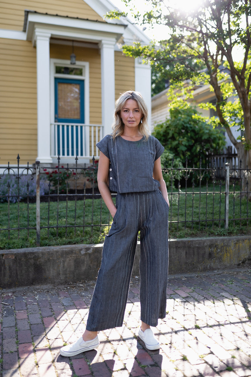Handwoven Cotton Crop Pants in Midnight Chambray