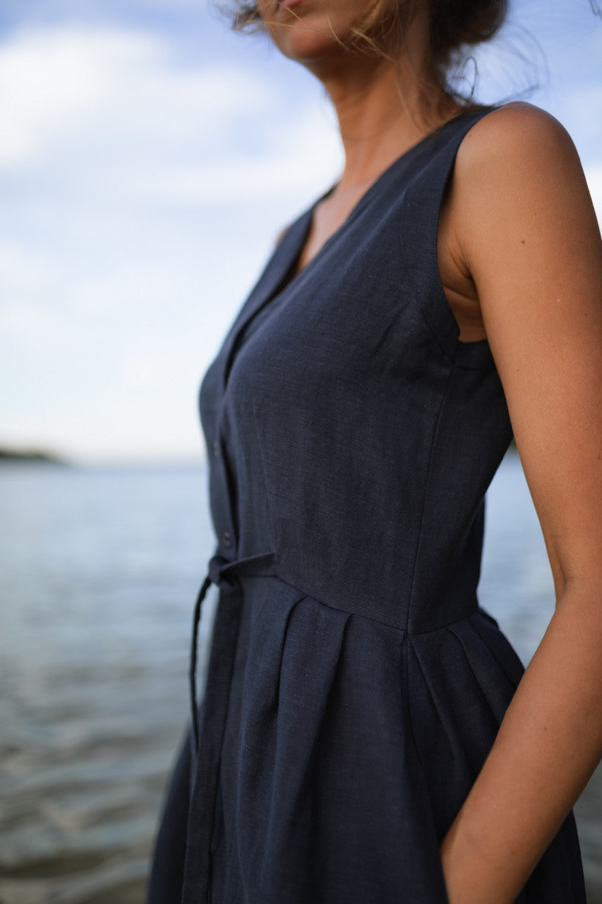 June Dress Sleeveless in Navy Linen - XL