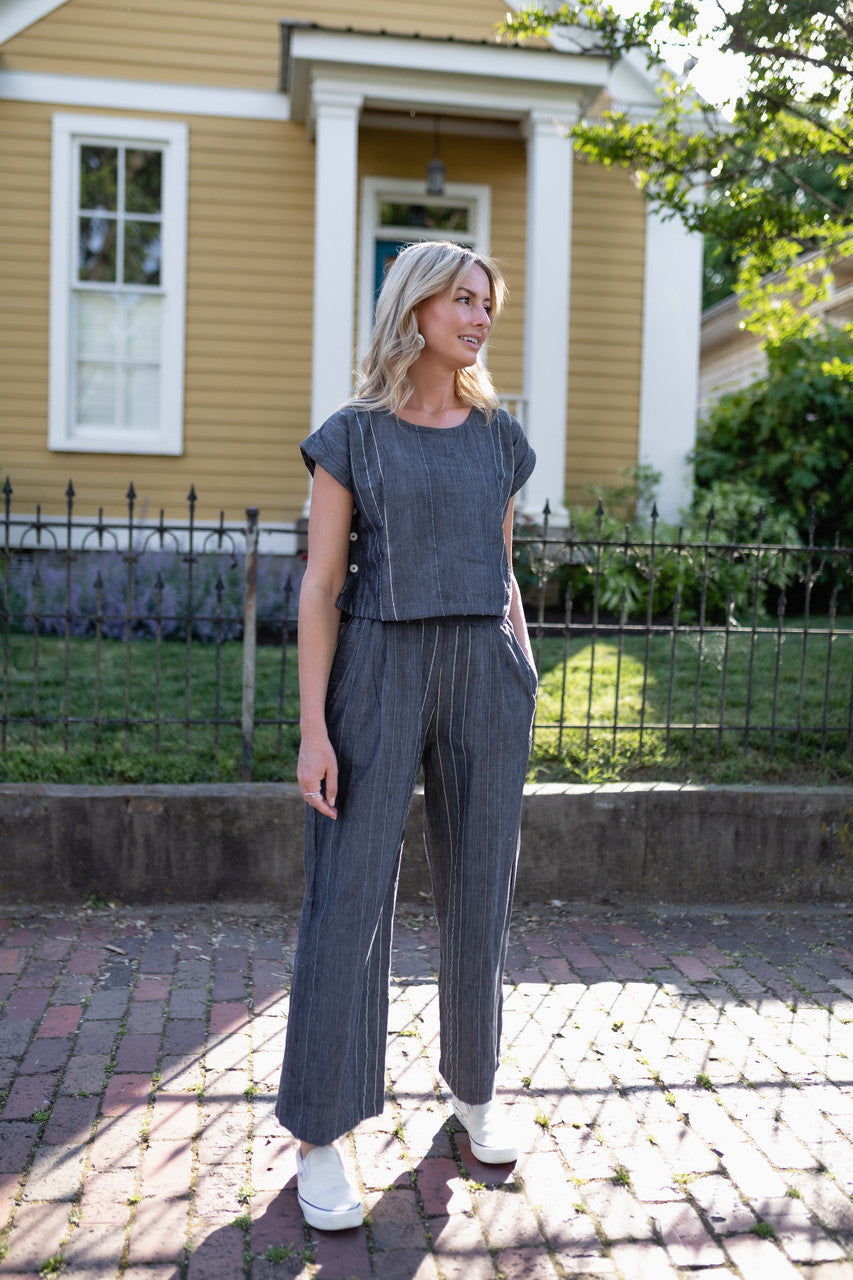 Handwoven Cotton Crop Pants in Midnight Chambray