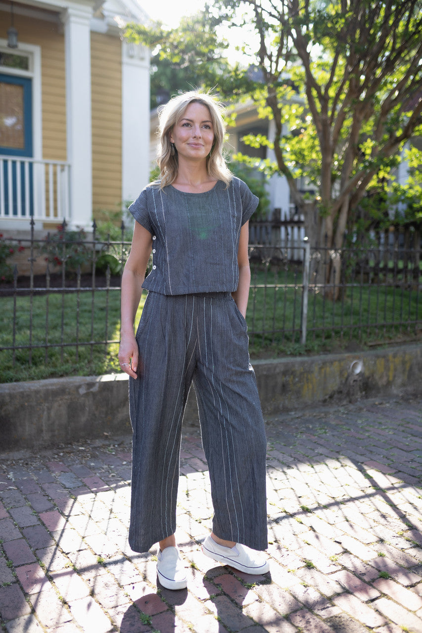 Handwoven Cotton Crop Pants in Midnight Chambray