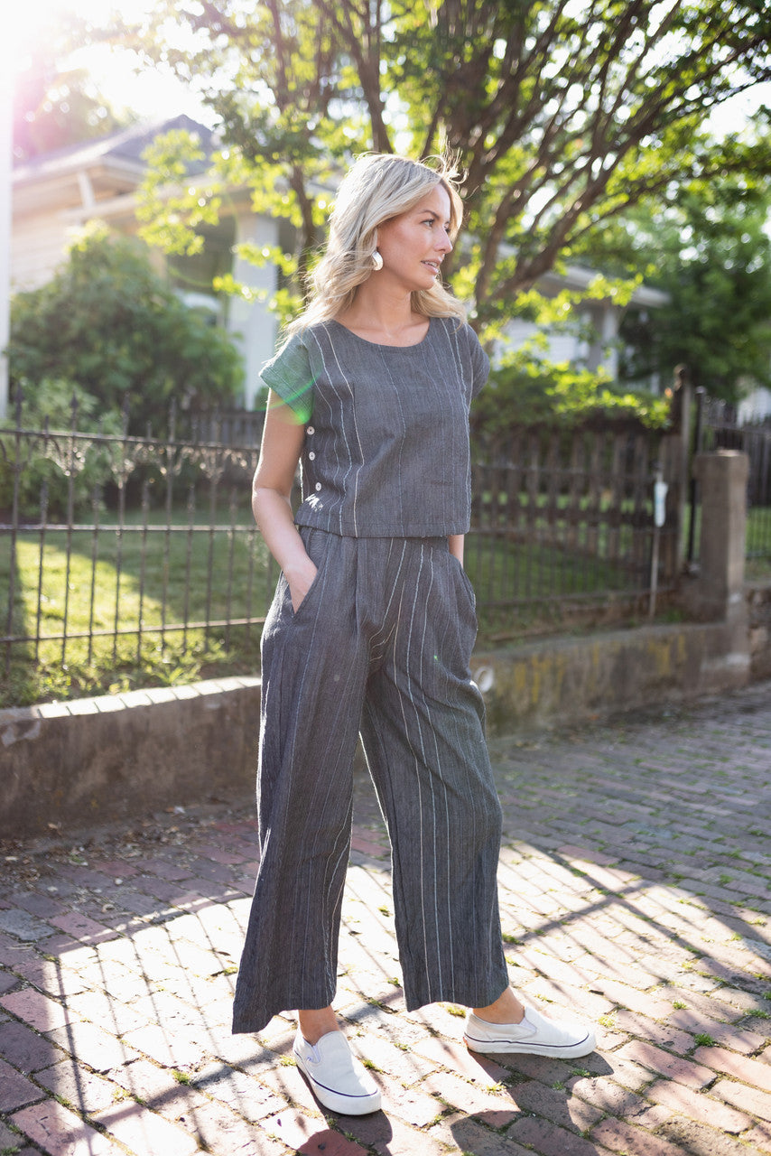 Handwoven Cotton Crop Pants in Midnight Chambray