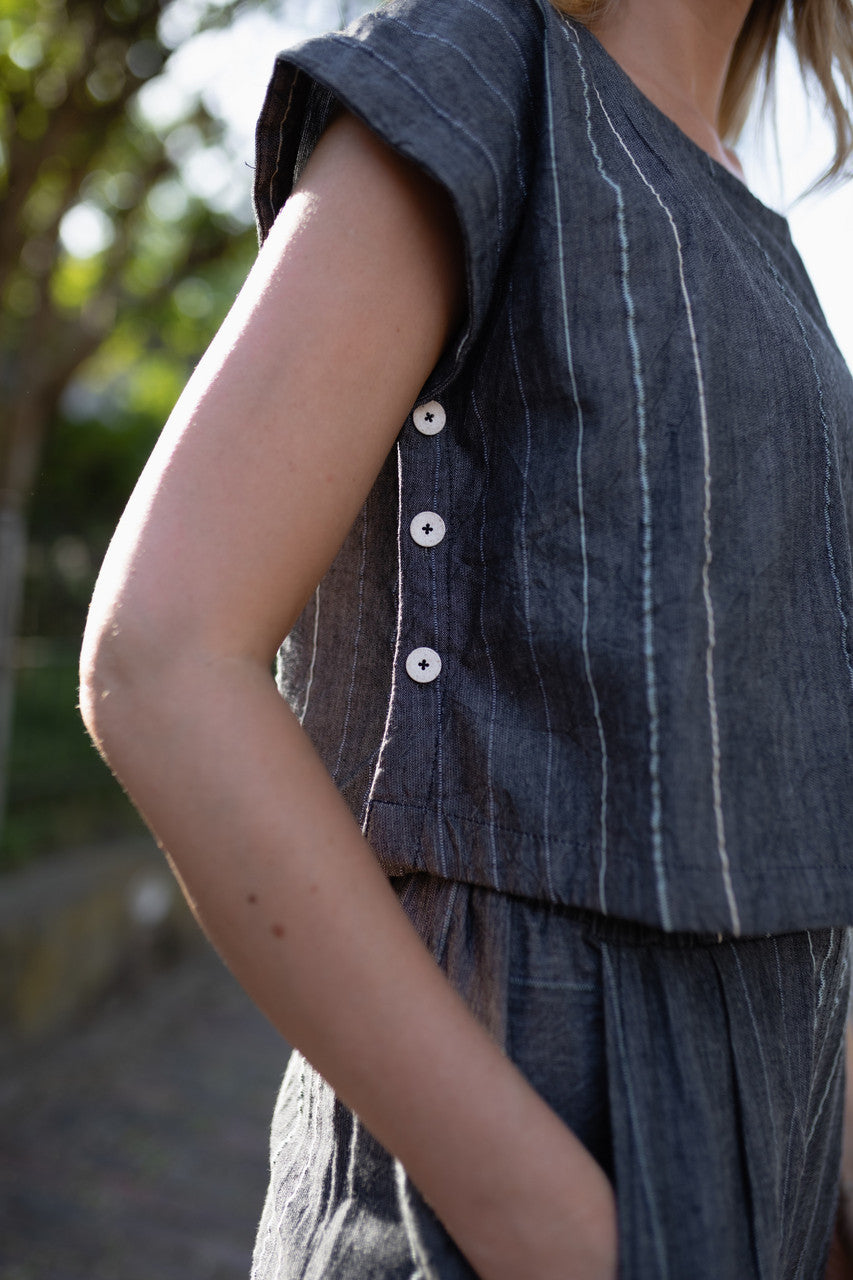 Handwoven Cotton Crop Pants in Midnight Chambray