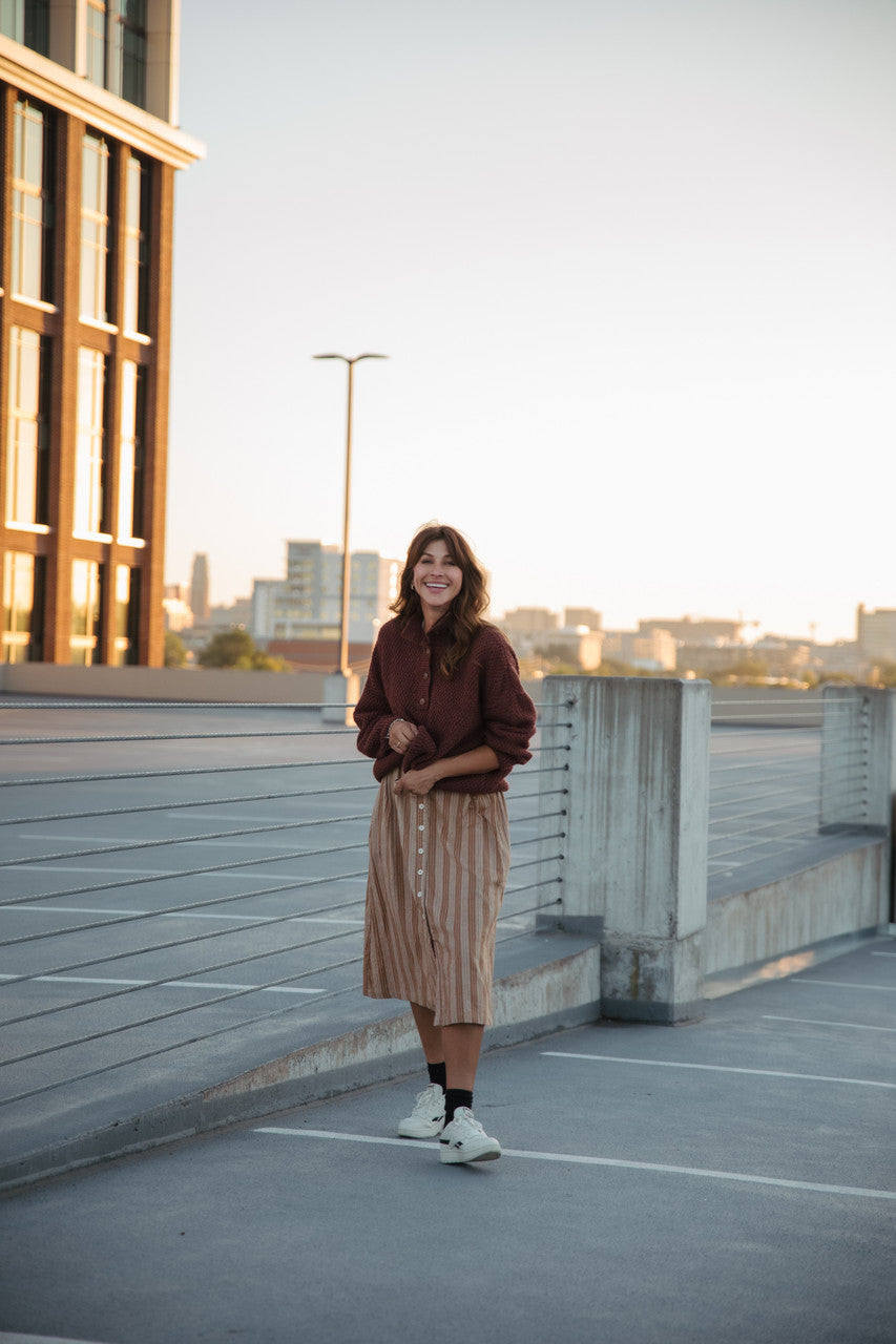 Handwoven Cotton Flair Midi Skirt in Mustard and Cream