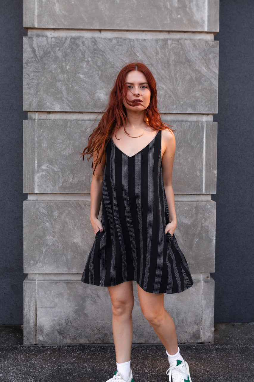 Ruthi Handwoven Cotton Dress in Black and White Stripe - XL Sample