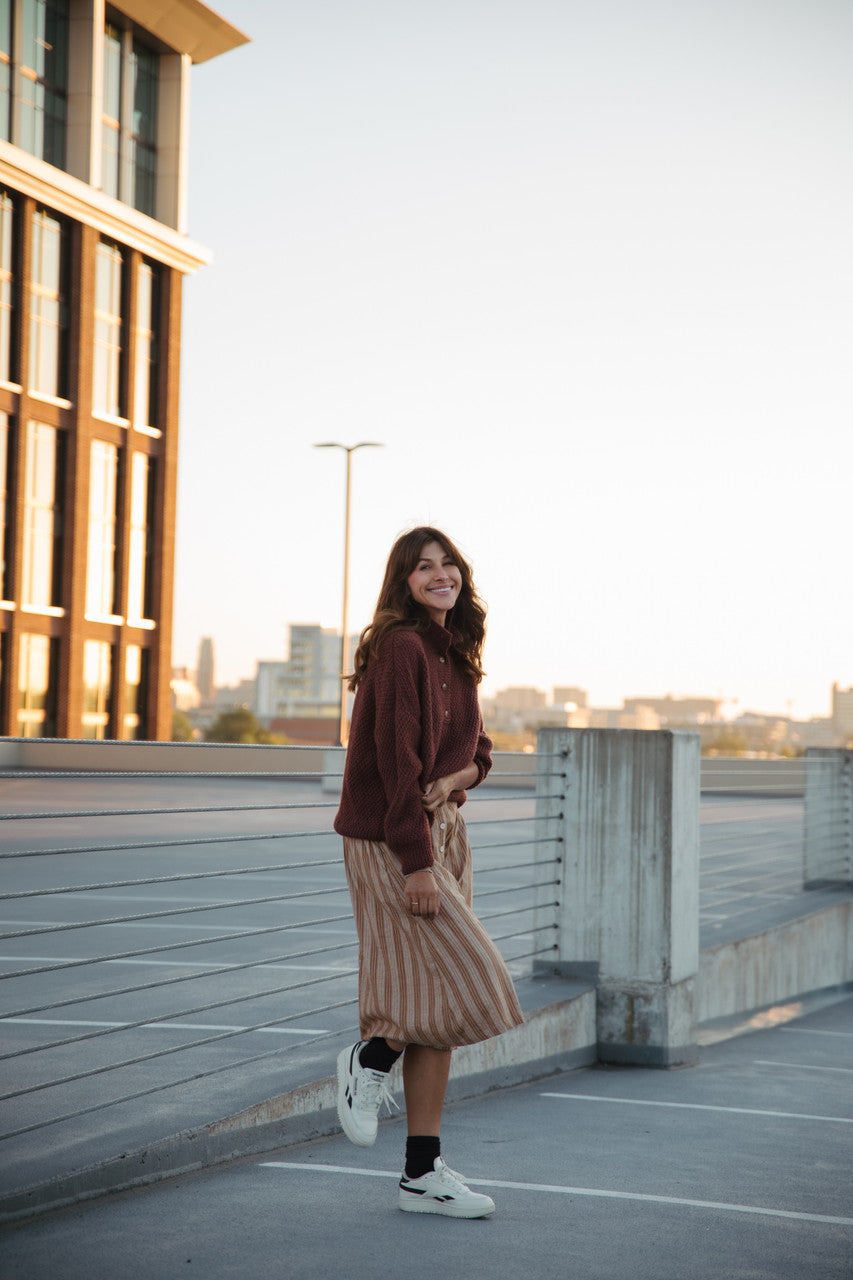 Handwoven Cotton Flair Midi Skirt in Mustard and Cream