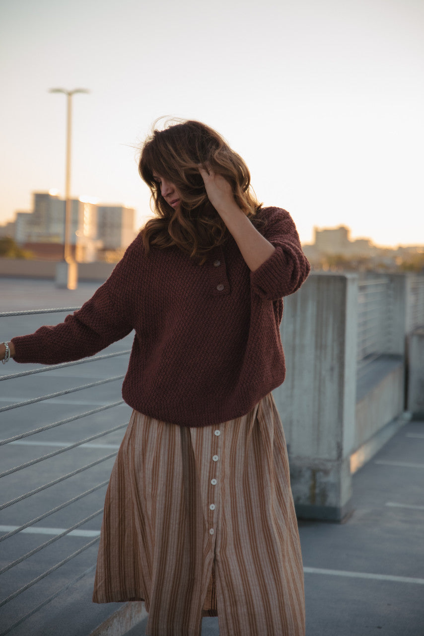 Handwoven Cotton Flair Midi Skirt in Mustard and Cream