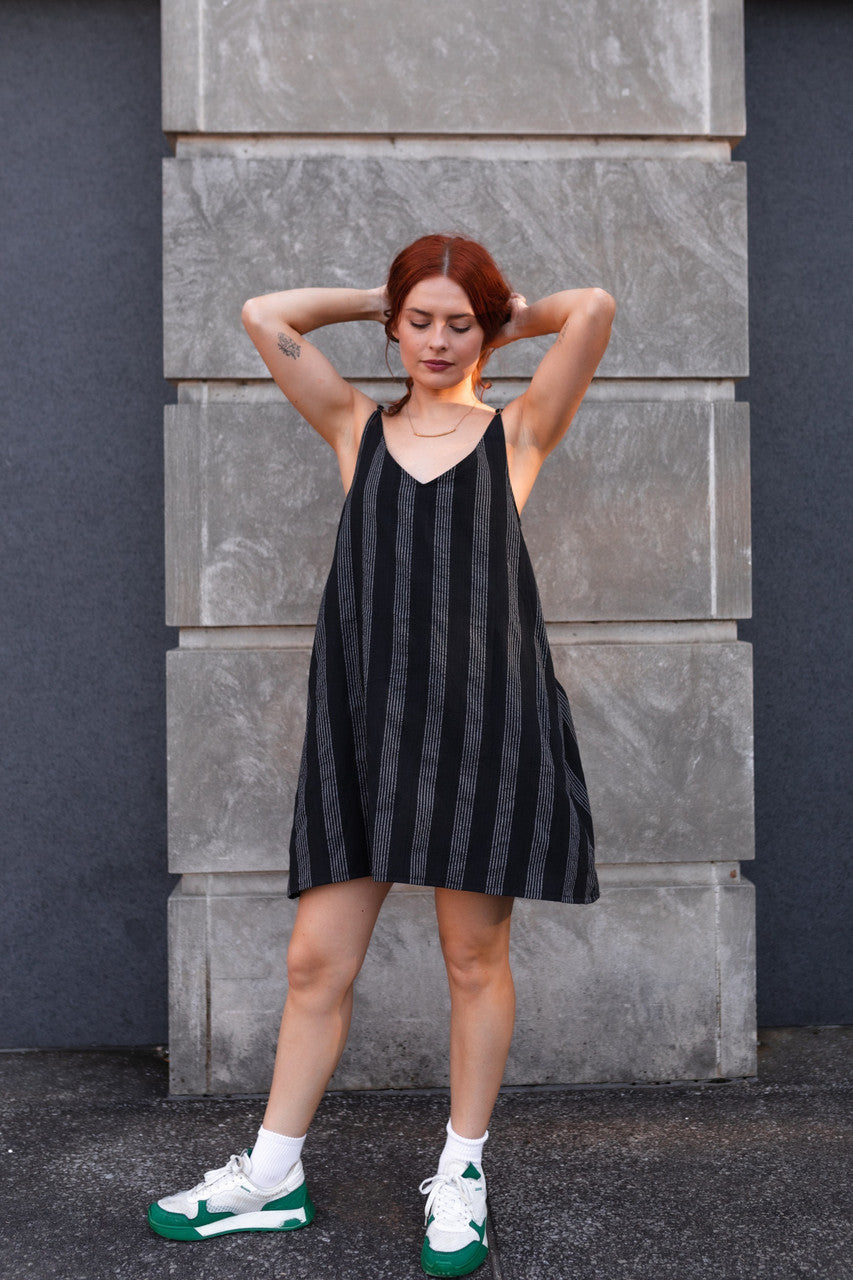 Ruthi Handwoven Cotton Dress in Black and White Stripe - XL Sample