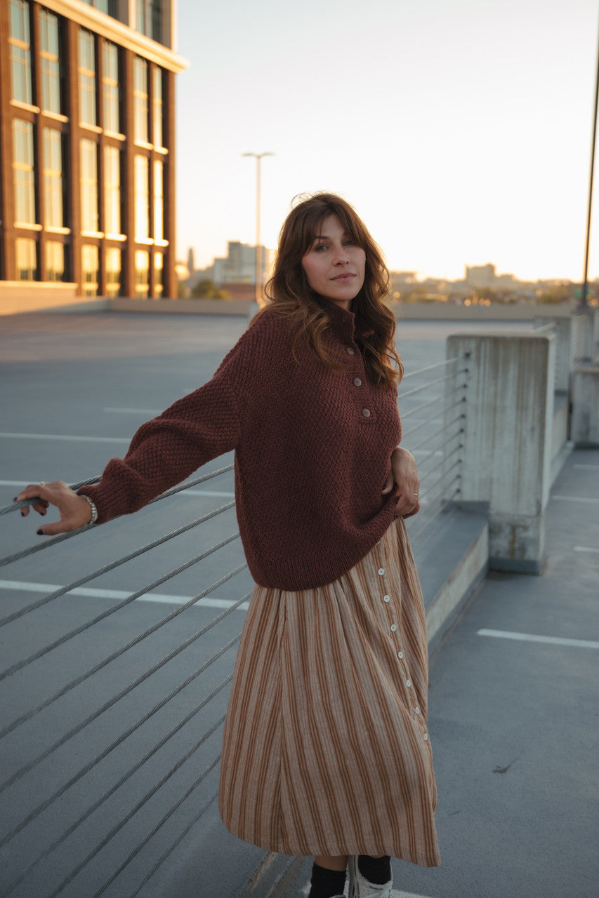 Handwoven Cotton Flair Midi Skirt in Mustard and Cream