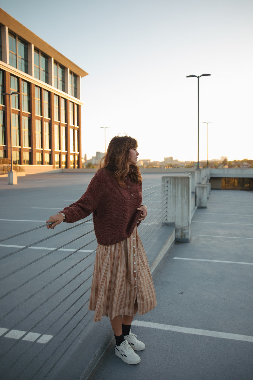 Handwoven Cotton Flair Midi Skirt in Mustard and Cream