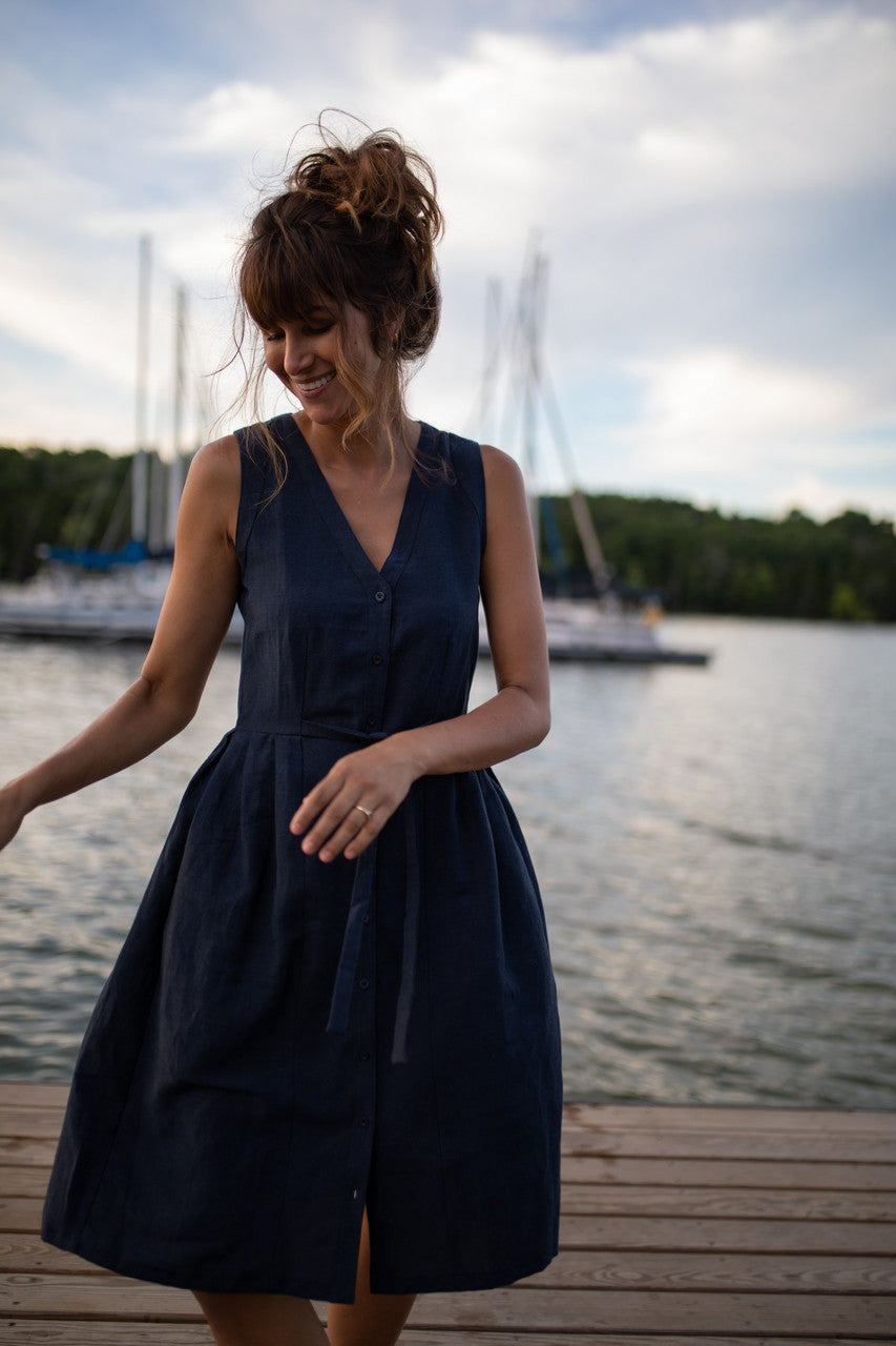 June Dress Sleeveless in Navy Linen - XL