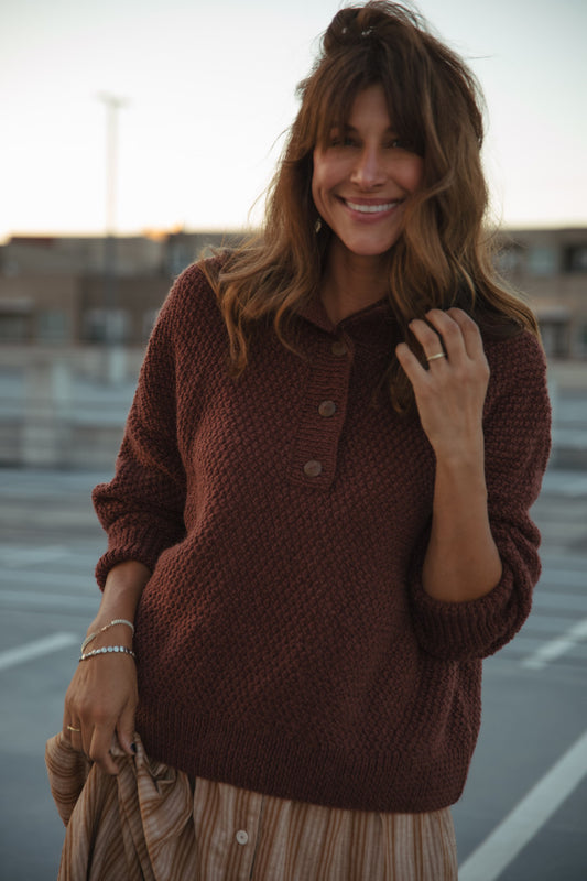Imogene Oversized Wool Henley in Rust Made to Order