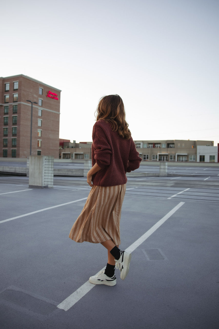 Handwoven Cotton Flair Midi Skirt in Mustard and Cream