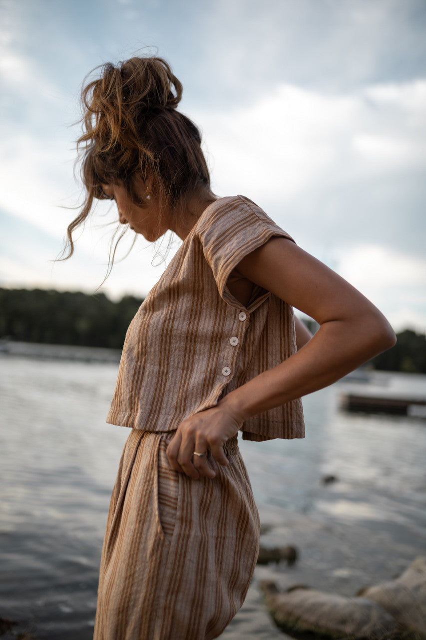 Katie Handwoven Cotton Set in Mustard and Cream Stripe - M Pants