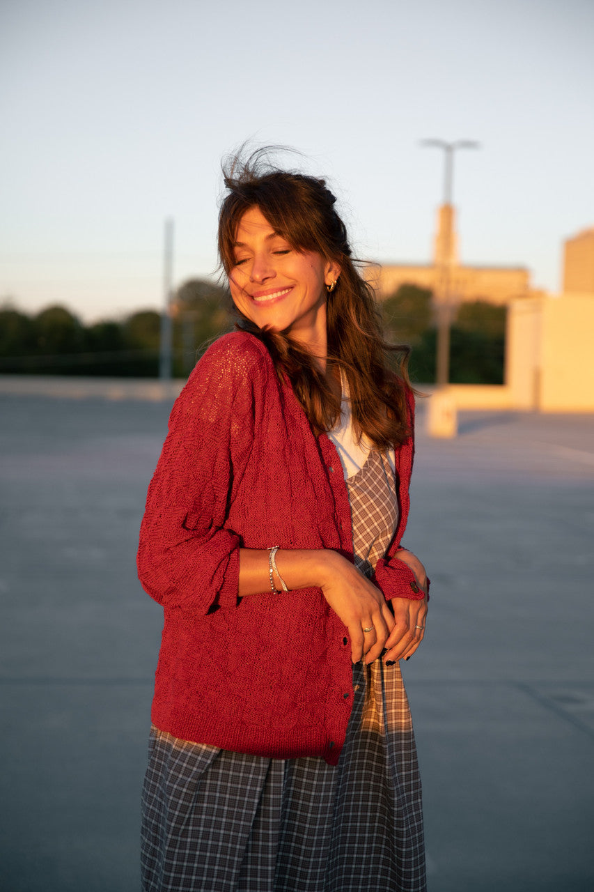 Tina Triangle Knit Cotton Cardigan in Red