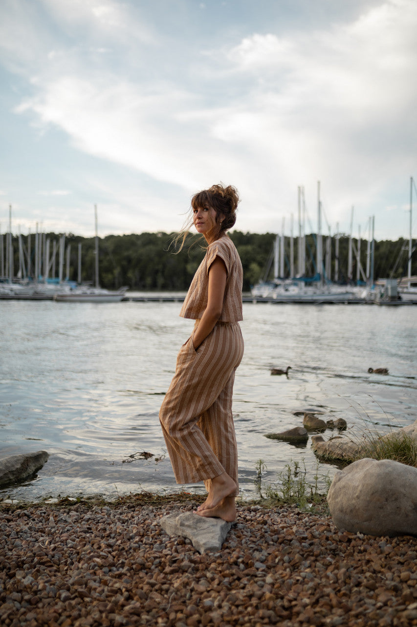 Katie Handwoven Cotton Set in Mustard and Cream Stripe - M Pants