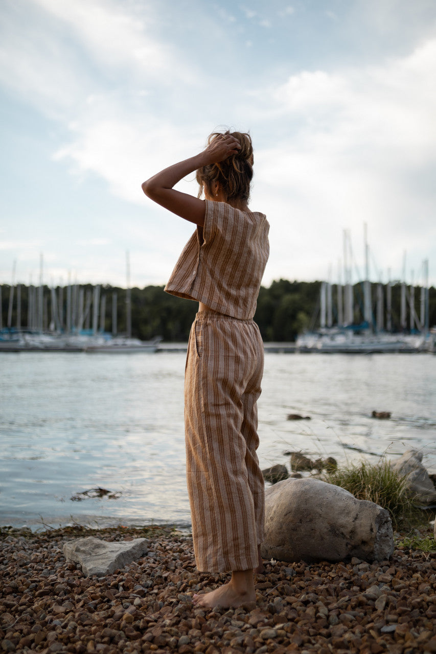 Katie Handwoven Cotton Set in Mustard and Cream Stripe - M Pants