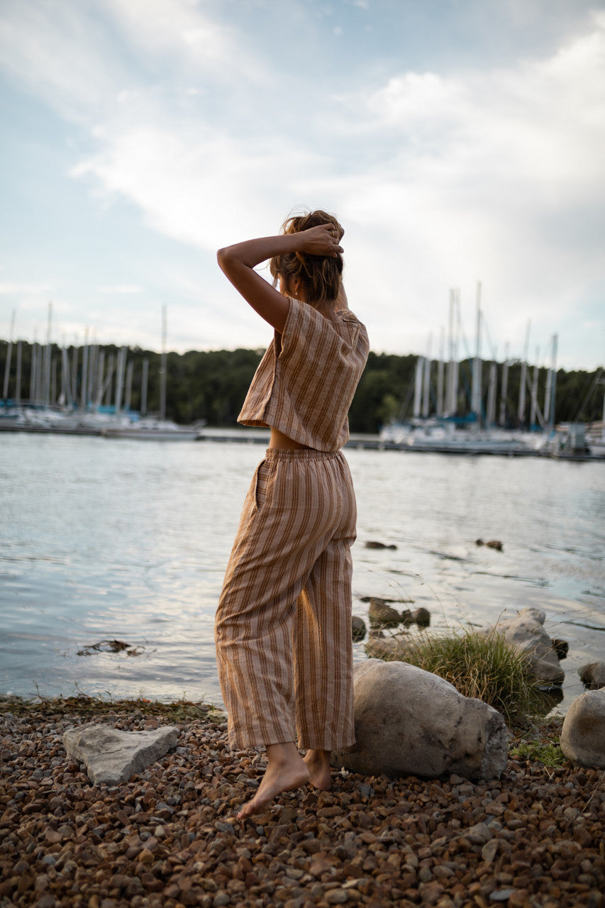 Katie Handwoven Cotton Set in Mustard and Cream Stripe - M Pants