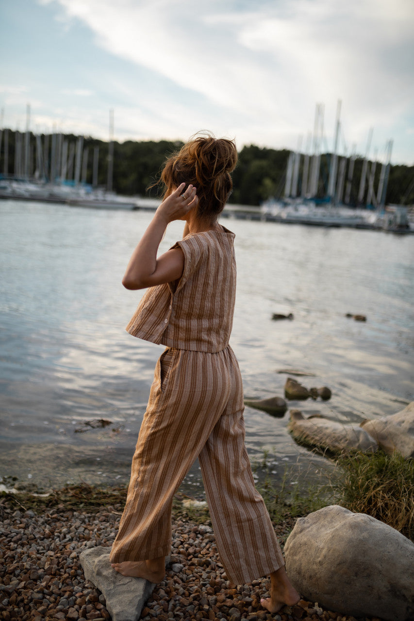 Katie Handwoven Cotton Set in Mustard and Cream Stripe - M Pants