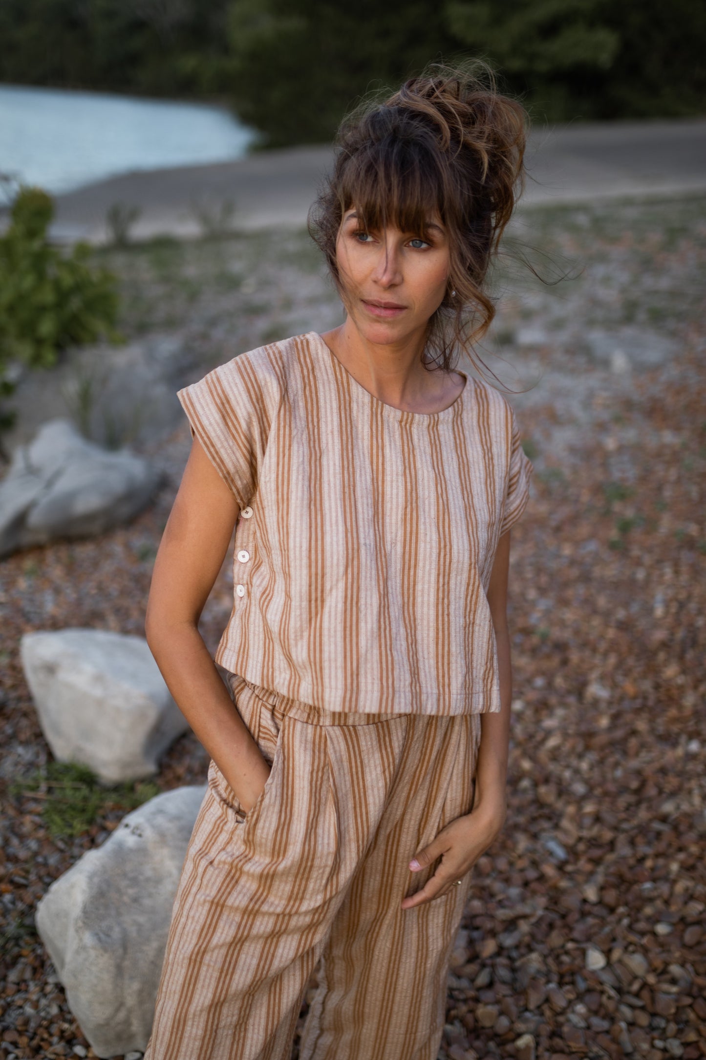 Katie Handwoven Cotton Crop Set in Mustard and Cream Stripe - Pre-Order 2/30