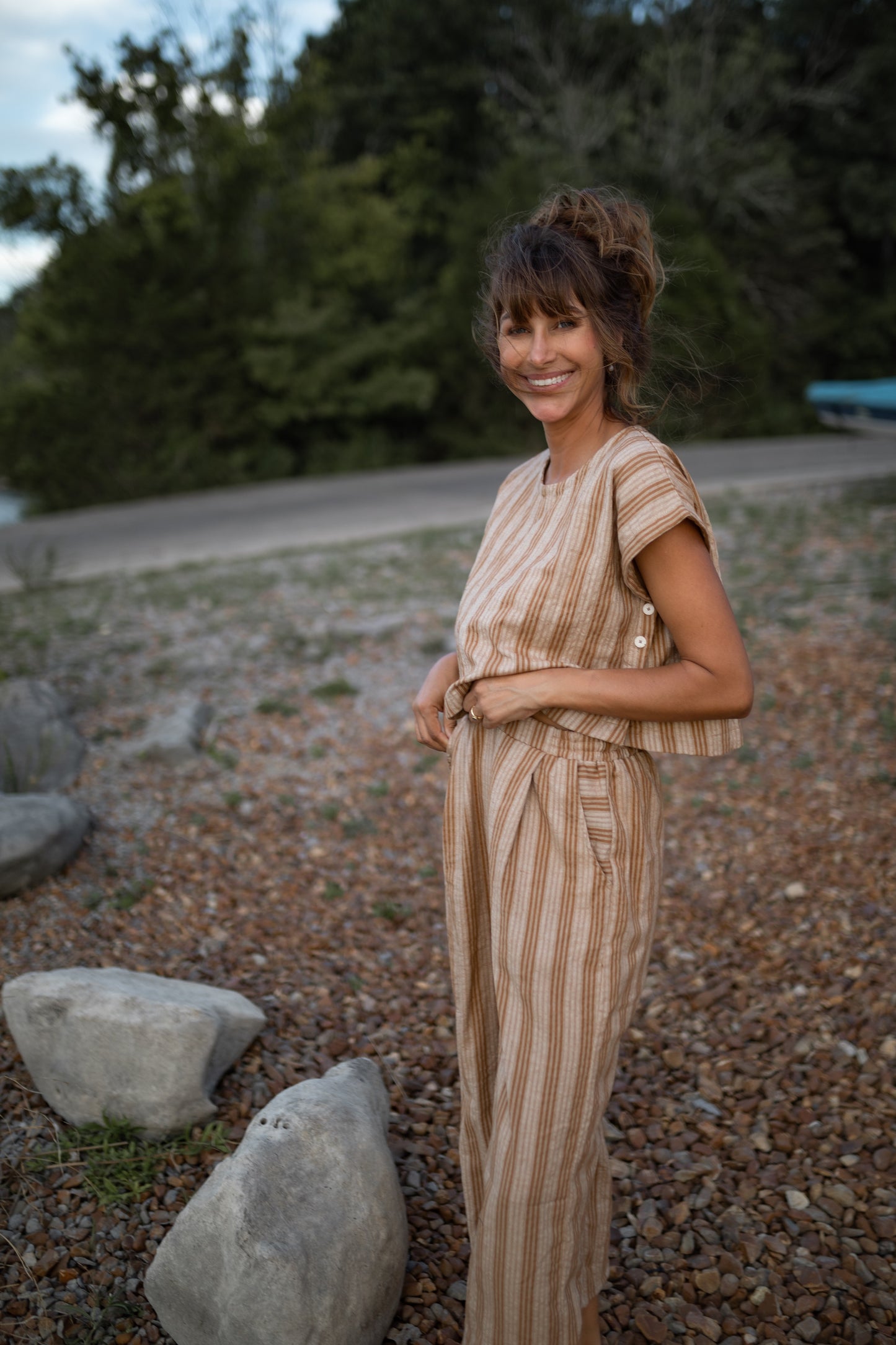 Katie Handwoven Cotton Crop Set in Mustard and Cream Stripe - Pre-Order 2/30