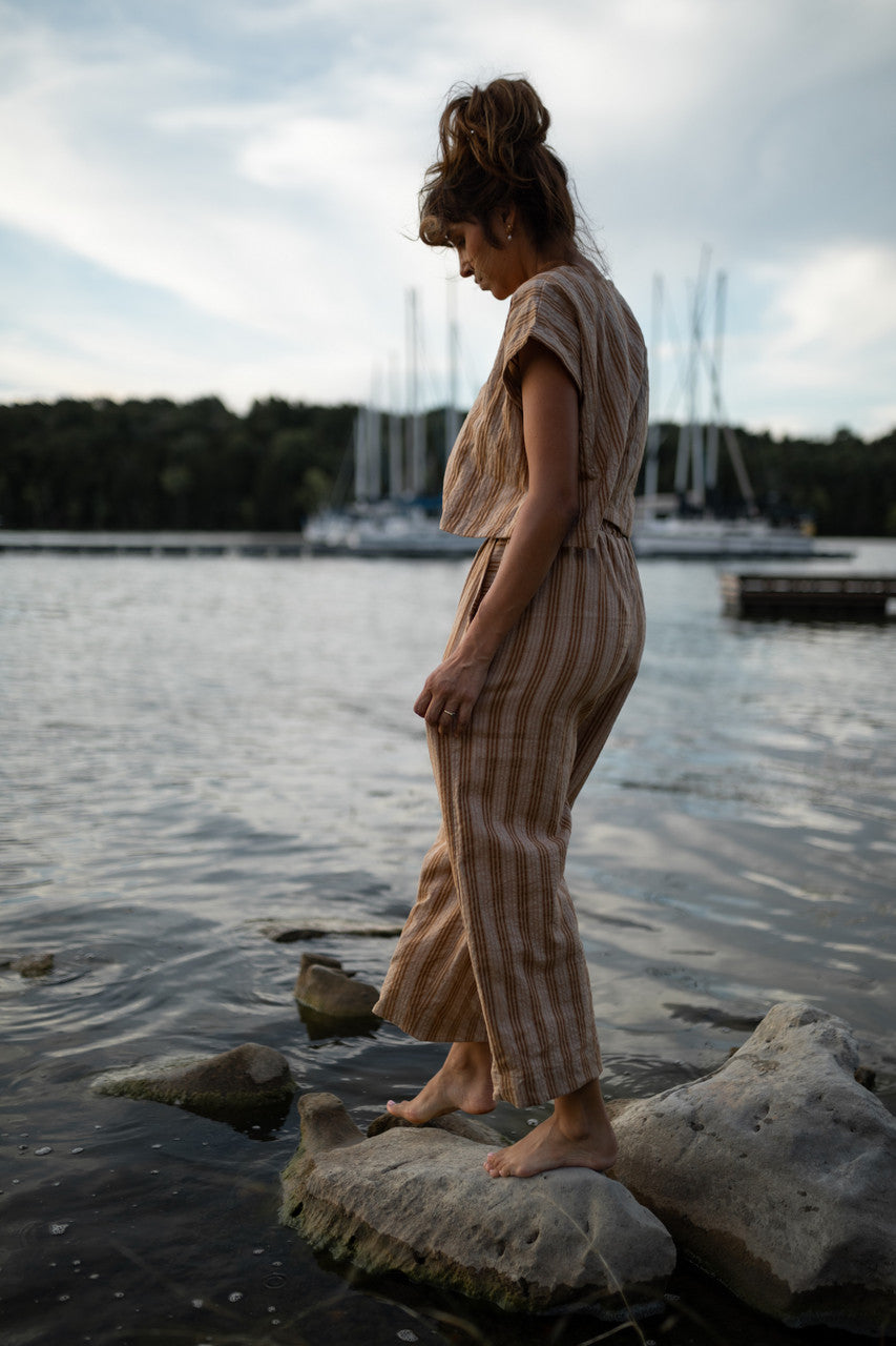 Katie Handwoven Cotton Set in Mustard and Cream Stripe - M Pants